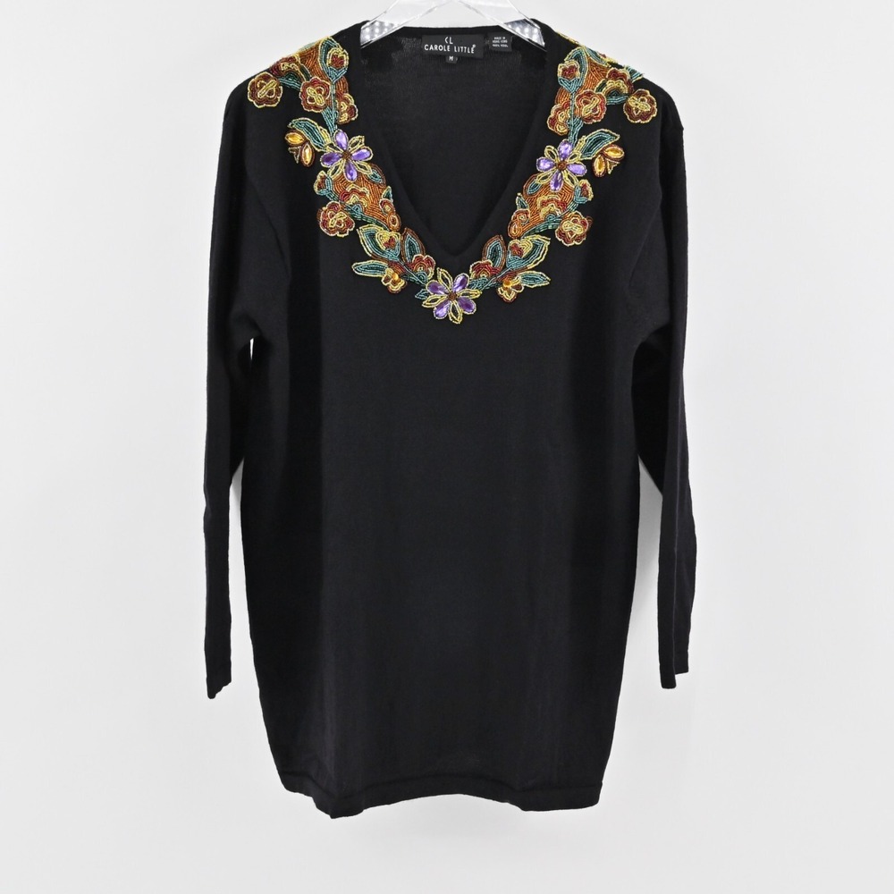 Vtg CAROLE LITTLE Womens Beaded Sweater Size M Black Floral Wool Elegant‎ Retro